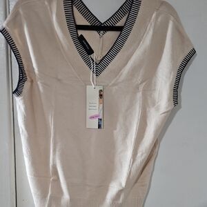 Dokotoo Beige V-Neck Sweater with Striped Trim